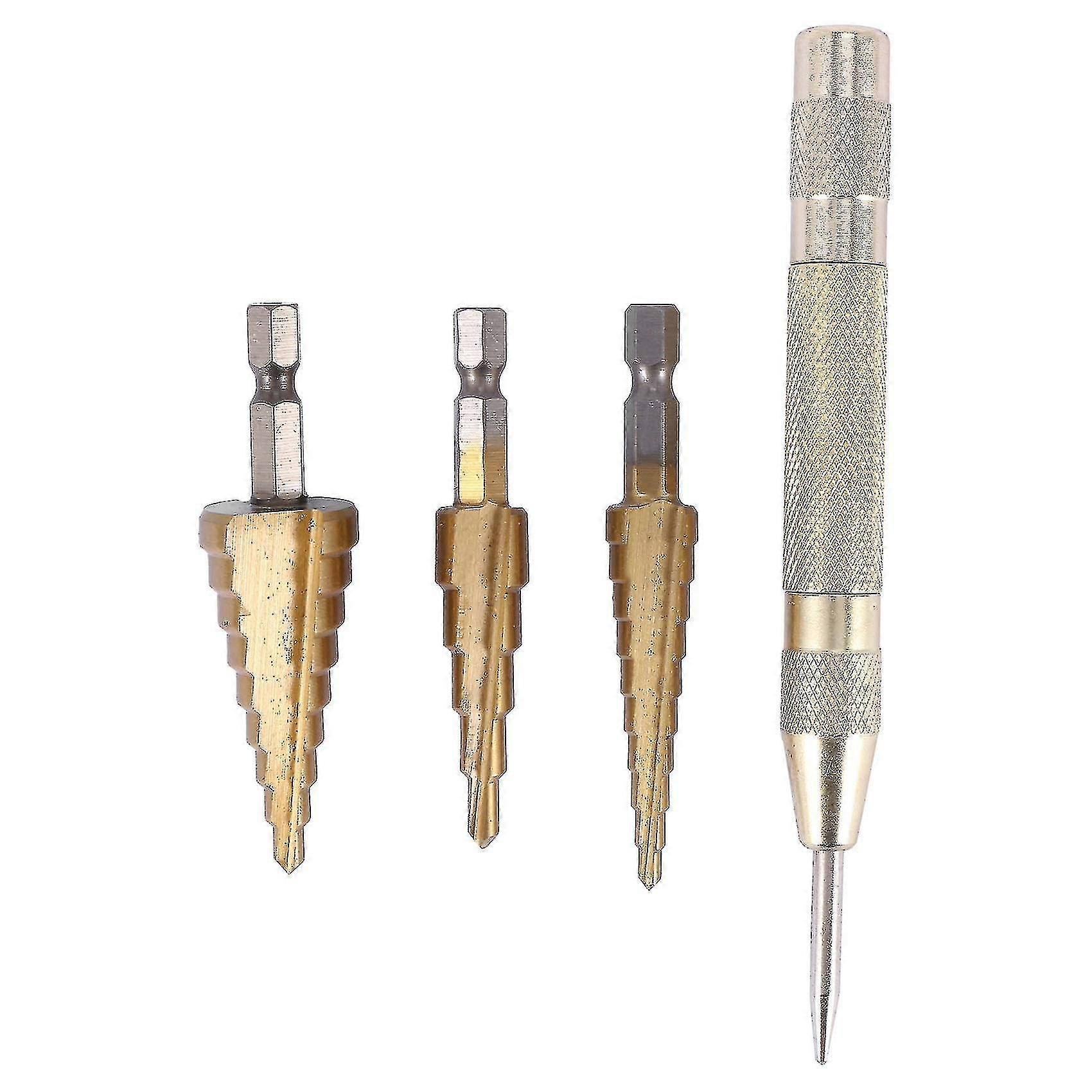 3 Pcs Hss Titanium Step Drill Bit Set & 1 Pcs Automatic Center Punch