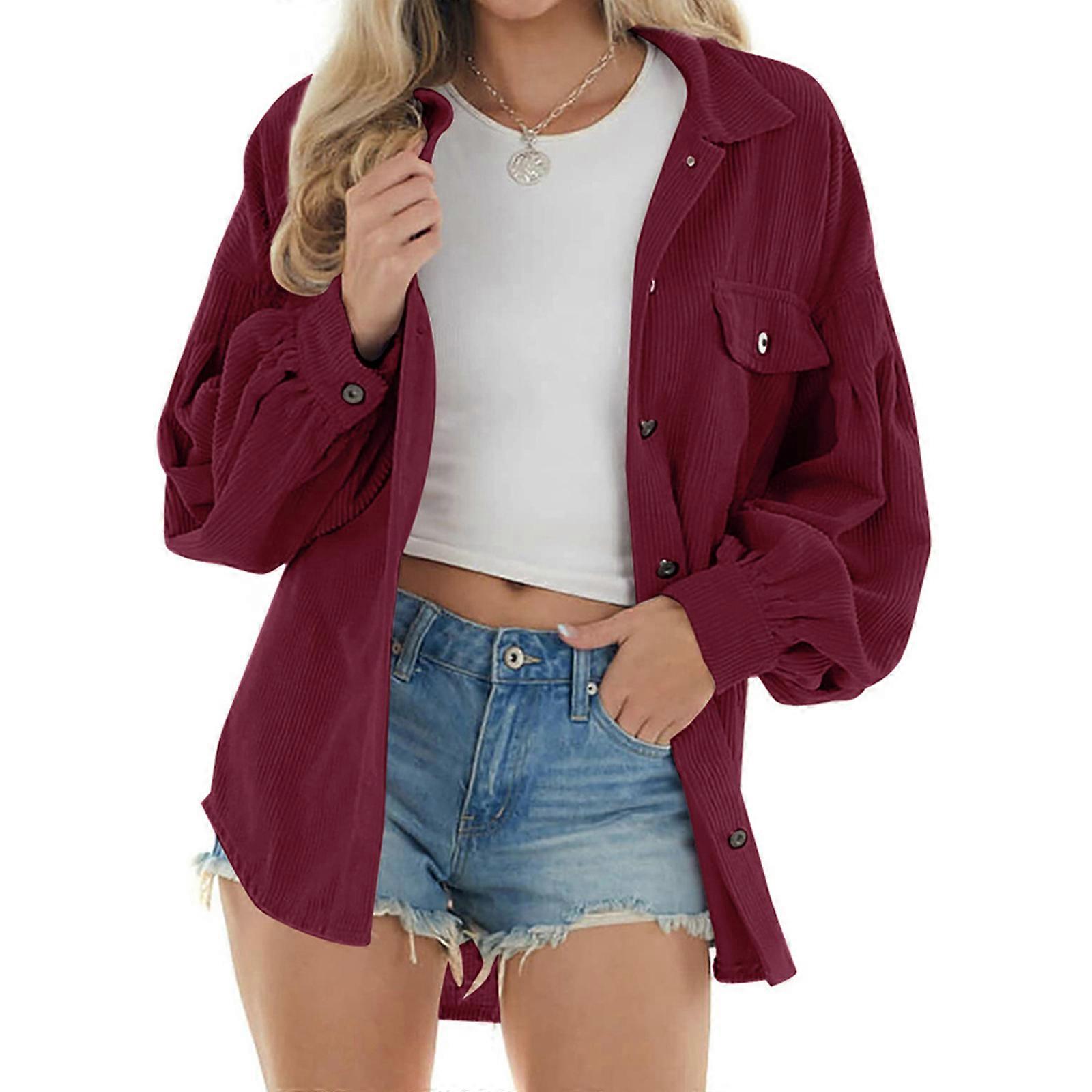 Damen Cord Langarm-Button-Down-Hemd Oversized für Jackenoberteile