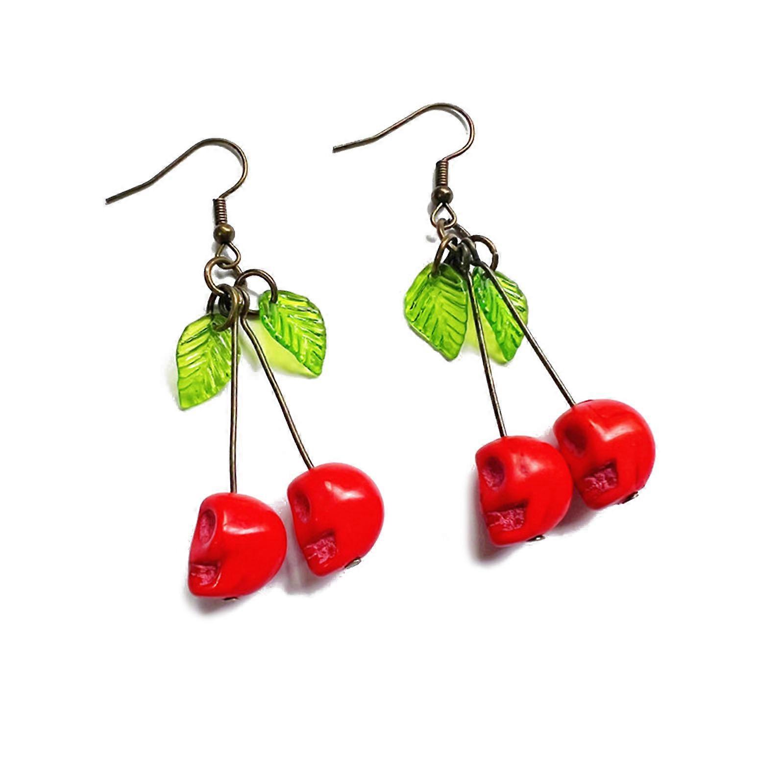 3D Red Skull Cherry Leaf Dangle Earrings Punk Exaggerated Rockabilly Earrings