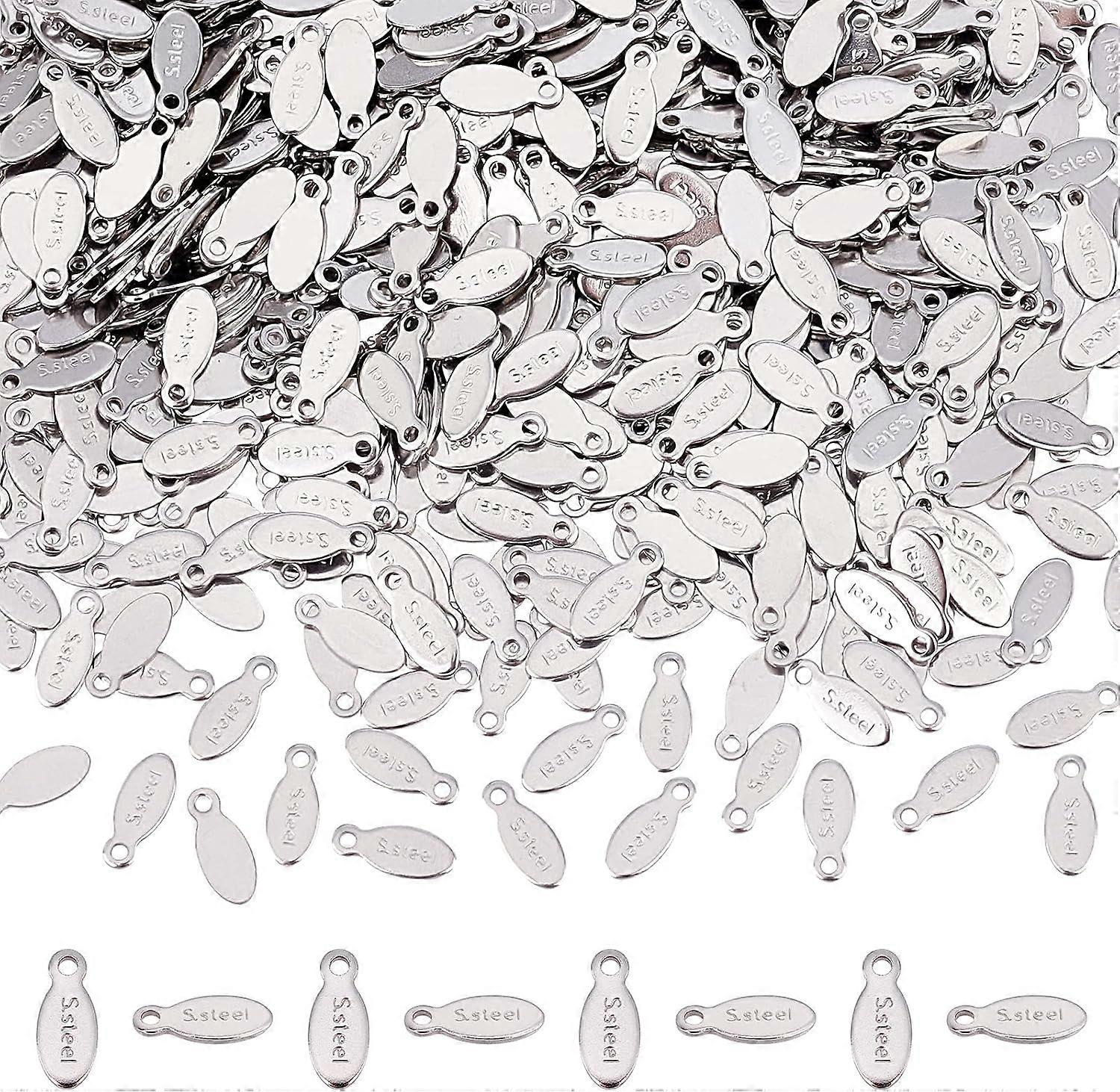 1000Pcs Small Tag Charms Stainless Steel Oval End Tab Charms with Word Bulk Jewelry End Tabs Connector Teardrop Extender Chain End Charm for Jewelry M