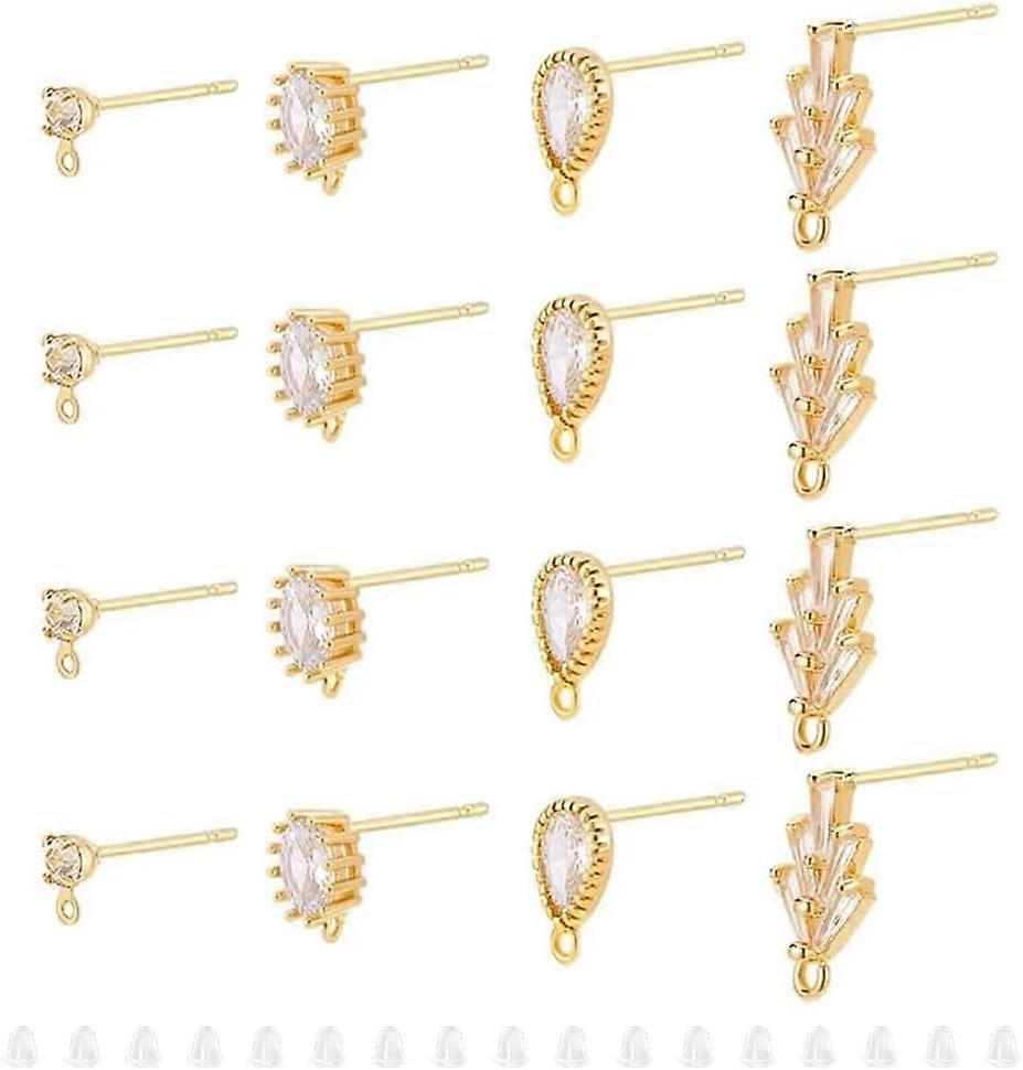 24Pcs Real 18K Gold Plated 4 Styles Stud Earrings Rhinestone Earring Studs Cubic Zirconia Earring Posts with Loop Brass Crystal Earrings with Plastic 