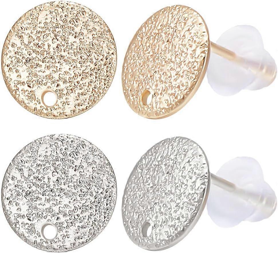 32Pcs 2 Colors Flat Round Earring Findings 18K Gold & Platinum Plated Frosted Surface Round Earring Post with Hole and 40Pcs Plastic Ear Nuts for Earr
