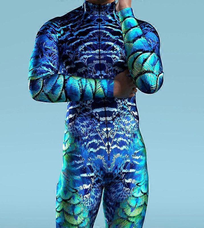 メンズブルースケールジャンプスーツ3Dプリントサイバーパンクボディスーツハロウィンカーニバルパーティーコスチューム
