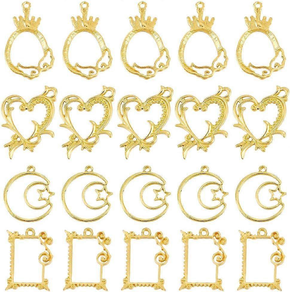 1 Box 20PCS Open Back Bezel Charms Hollow Frame Charms Heart Moon Geometric Blank Golden Alloy Bezel Charms Epoxy Resin for Jewelry Making Charms Vale