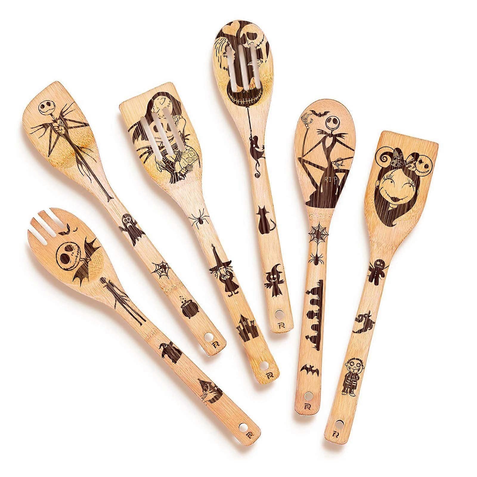 6-Piece Wooden Cooking And Serving Spoons Set, Durable Kitchen Utensils For Halloween Decor, Eco-Friendly Material