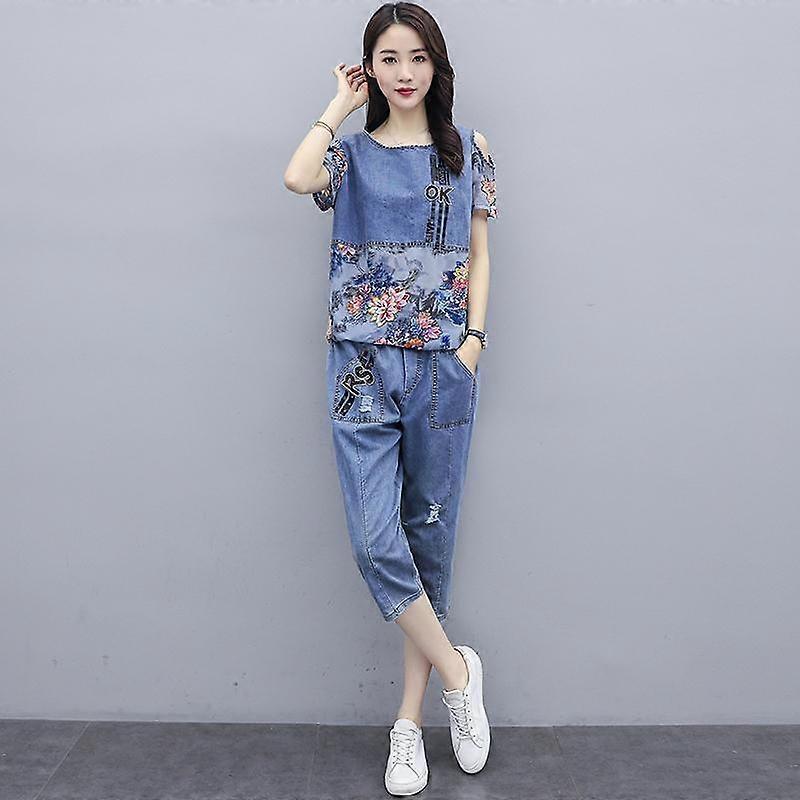 WTEMPO Denim Suit Women's Plus Size 2pcs Suit Spring and Summer Short Sleeve Loose Casual Two-piece Set
