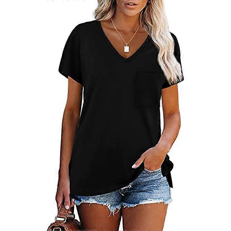 Women's Top Pocket Patchwork Solid Color V-neck Short Sleeve T-shirt