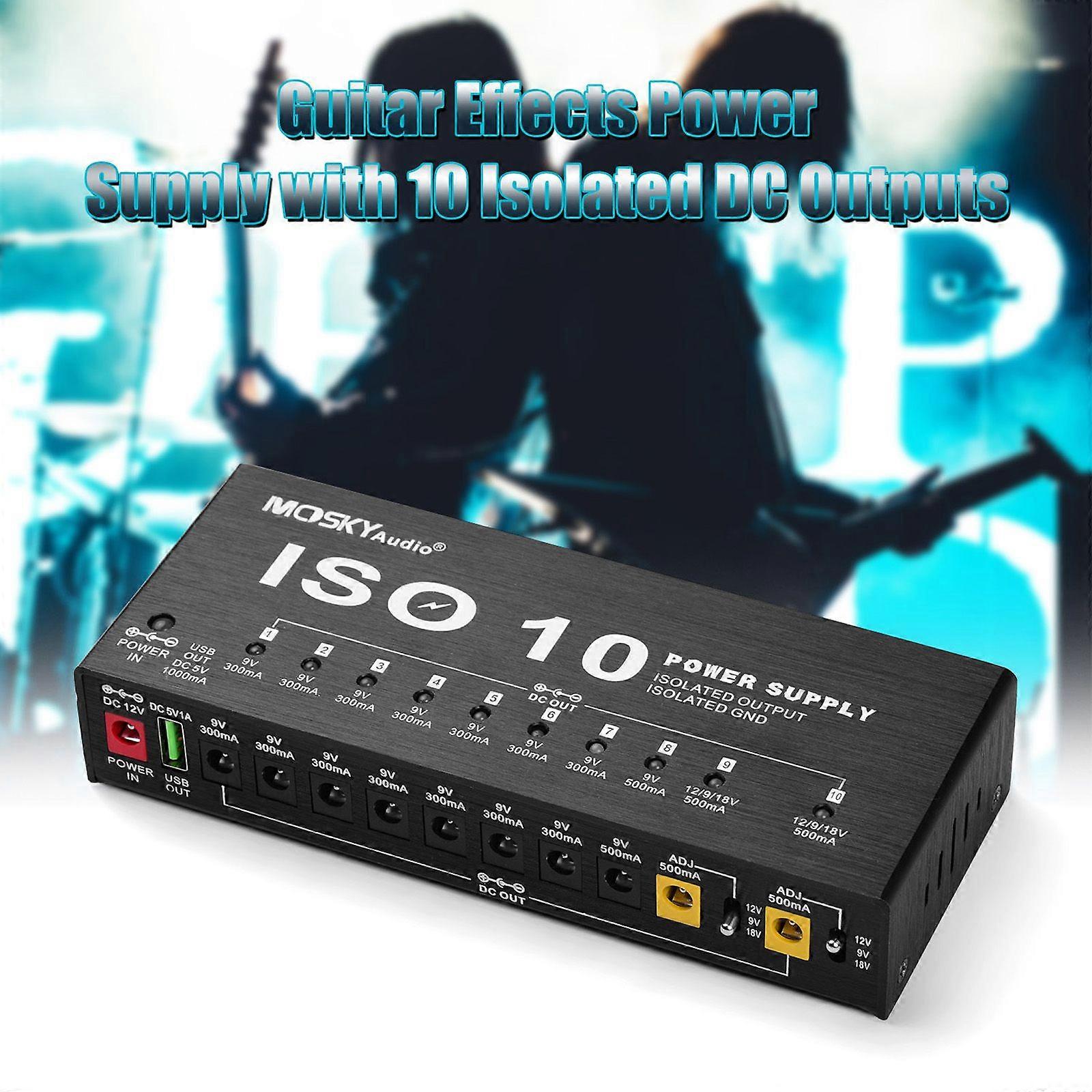 MOSKYAudio ISO-10 Portable Guitar Effect Power Supply Station 10 Isolated DC Outputs & One 5V USB Output for 9V 12V 18V Guitar Effects