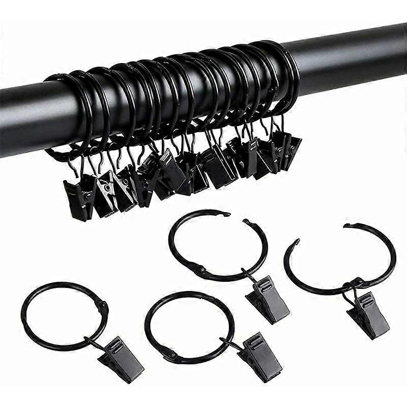 Curtain Rings With Easy Install Feature, Set Of 40 Strong Metal Hangers In Silver, Decorative Drapery Clips For Any Window, Vintage Black Design With