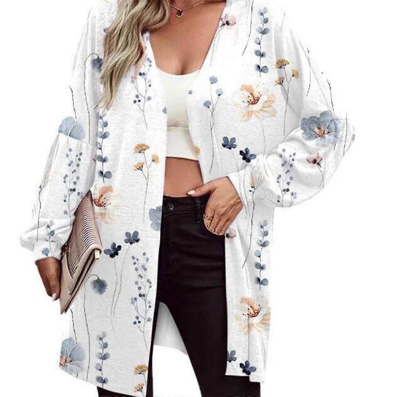Womens Floral Printing Open Front Top Cardigans Coat Long Sleeve Casual Soft Drape High Low Hem Cardigan Open Front Tops white gray XL