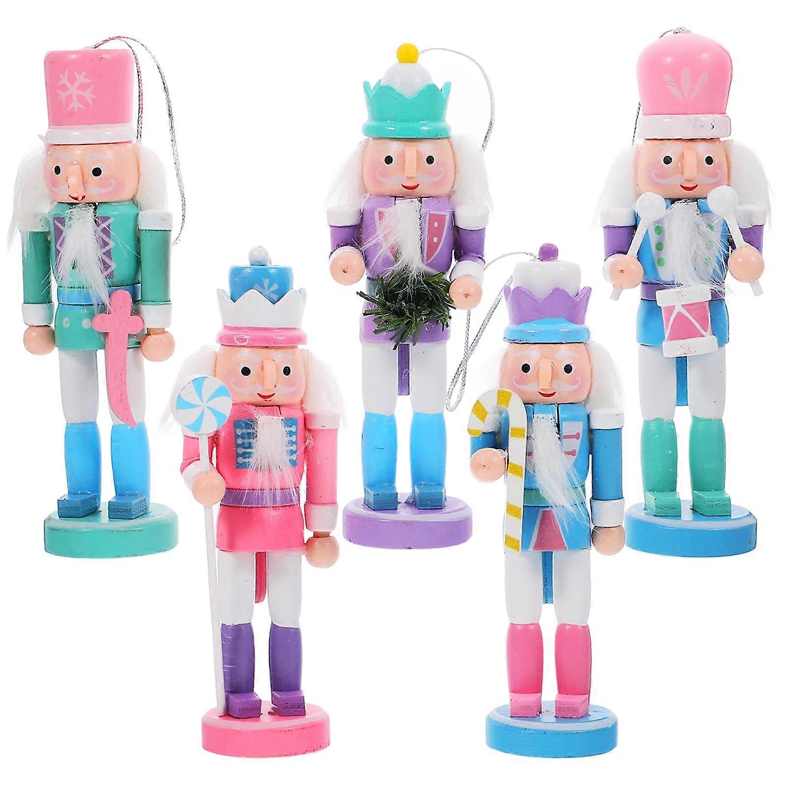 5Pcs Christmas Nutcracker Ornaments 13cm Wooden Soldier Figures Macaron Color Hanging Decorations for Xmas Tree and Table