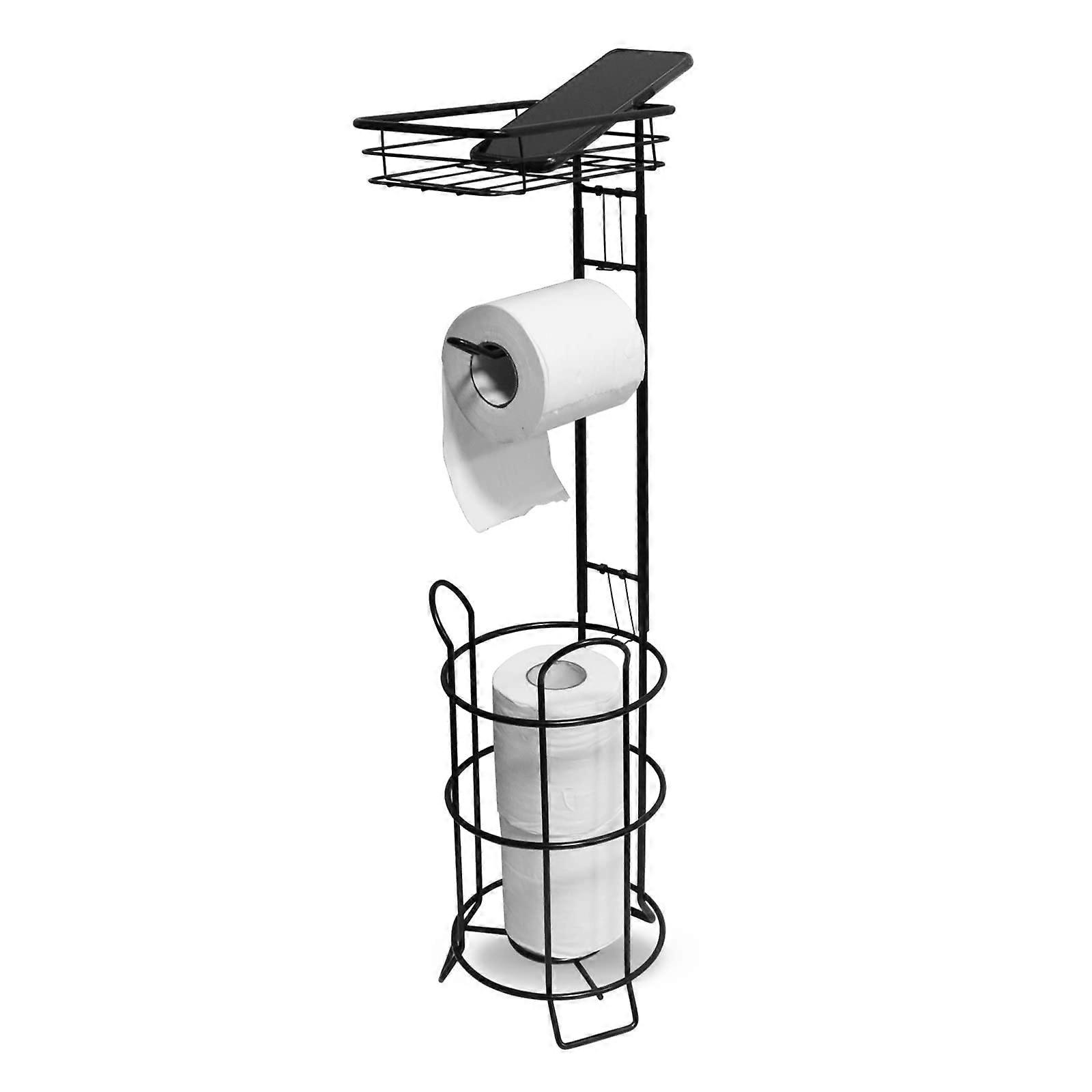 Toilet Paper Holder Stand Black Bathroom Storage with Raised Base and Top Shelf for Tissue Roll Dispenser