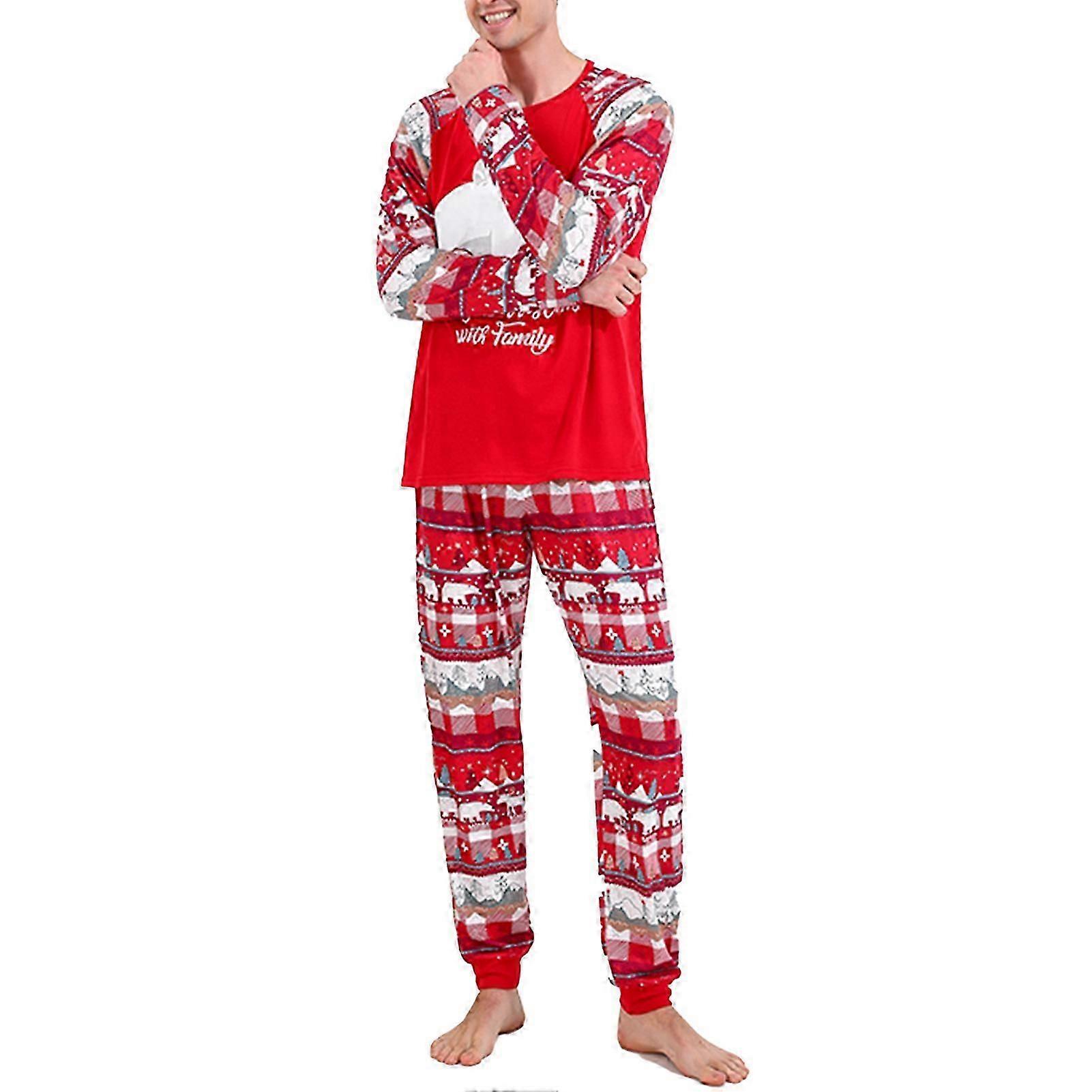 Parent Children Christmas Sleepwear Set Crewneck Long Sleeve Splicing Breathable Family Pajamas Matching Set Red MEN XXL