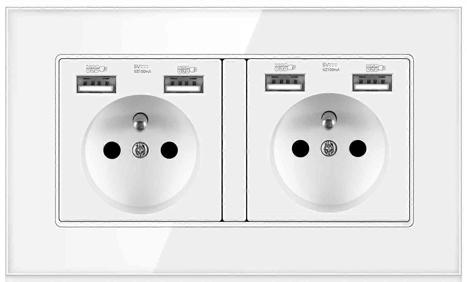 Eu Plug Wall Double Socket 16A 250V With 4 USB Electrical Outlets White Glass Panel French Power Sockets