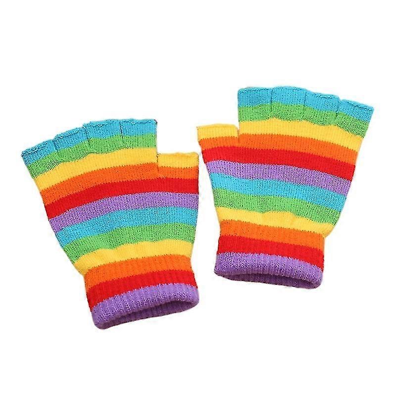 Winter gestrickte Halbfingerhandschuhe Regenbogen Bunte gestreifte winddichte Fäustlinge