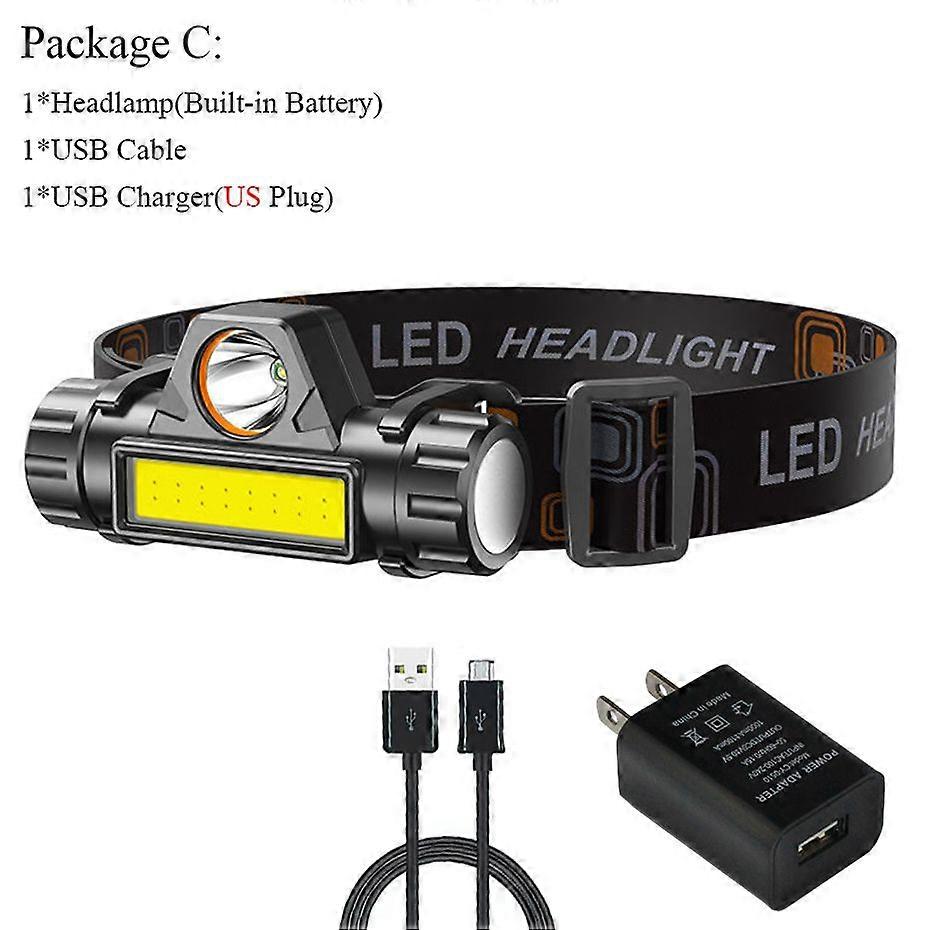 Xpe+ Cob Headlamp Waterproof Ip65, Super Bright Light, With Built In 18650 Battery, Usb Rechargeable, 2 Light Modes