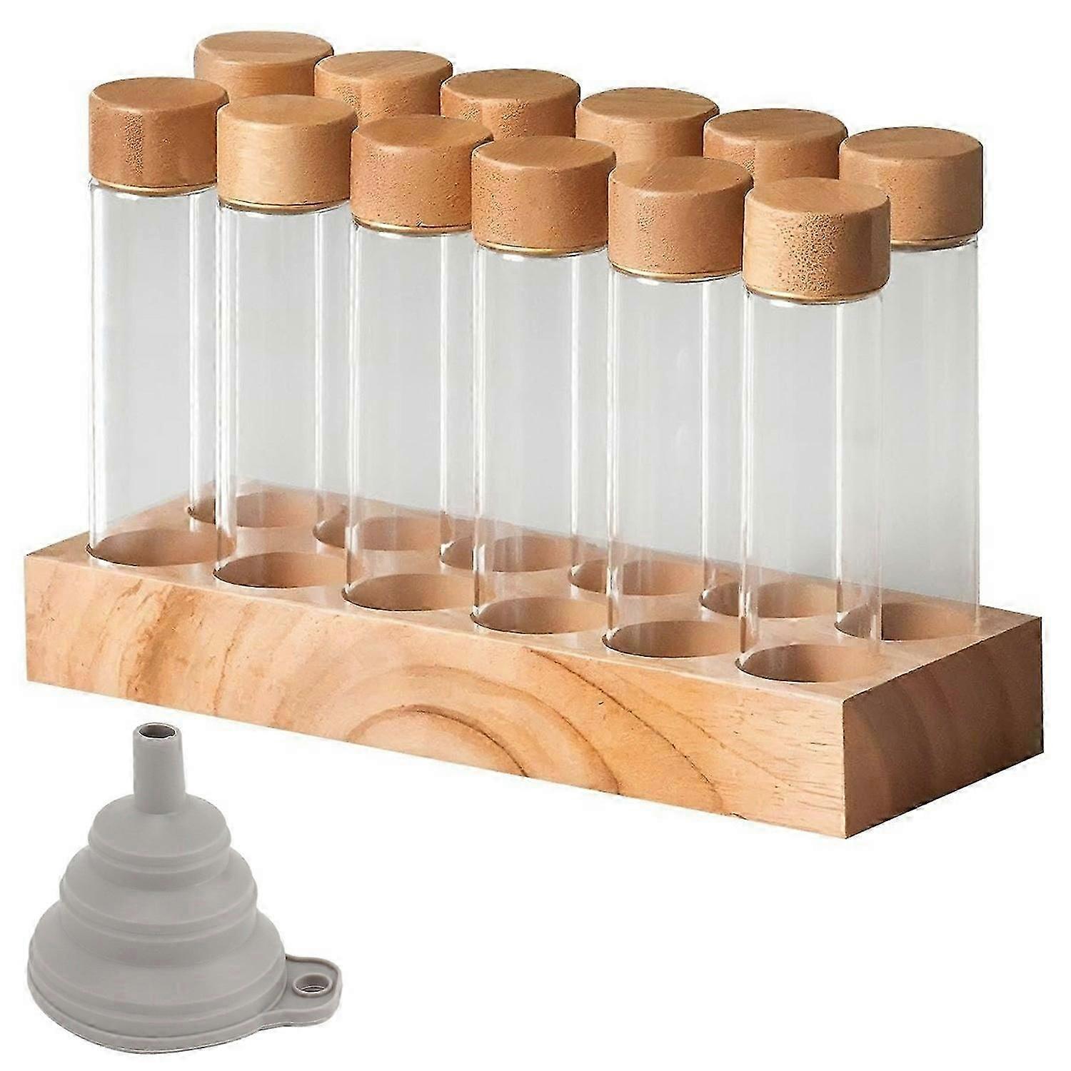 Wooden Base Coffee Bean Display Stand With 12 Clear Glass Tubes And Funnel For Cafe Bar Counter Stor