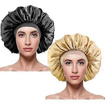 2pcs Satin Silk Hair Night Hat Sleep Cap for Girls Women Makeup (Black, Gold)