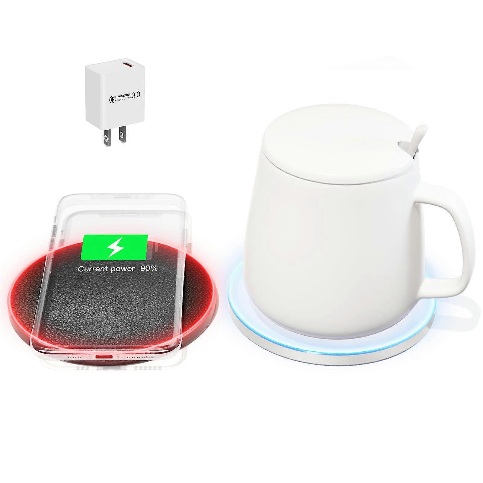 HC2S 18W Coffee Cup Warmer Heated Cup Set with Charging Board Tea Milk Thermos Mug Winter Household Necessity for Office White