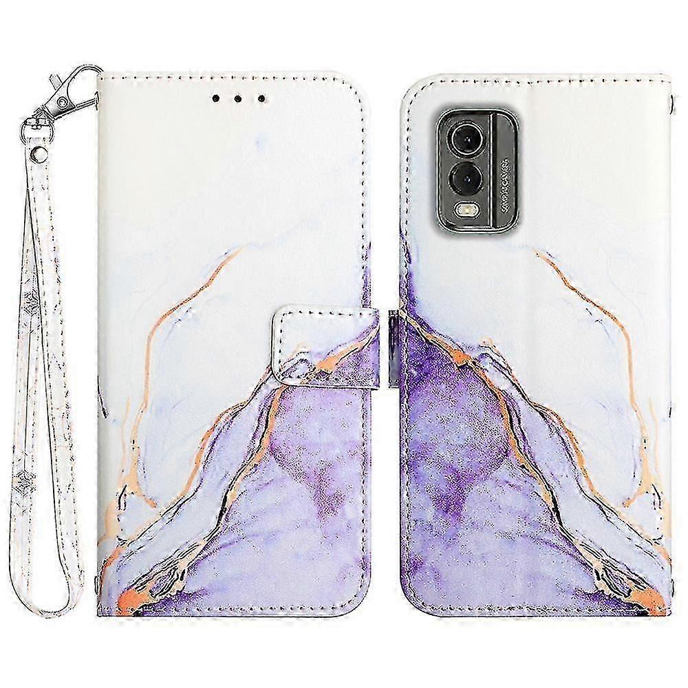 For Nokia C32 (TA-1534) Marble Pattern Phone Case Wallet Stand Cover with Strap-White+Purple LS006