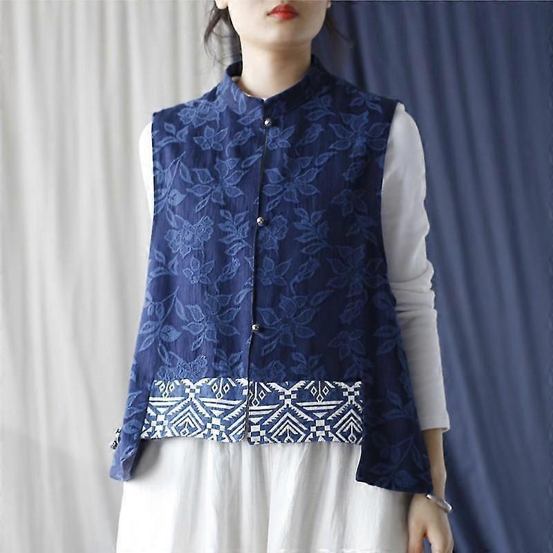 Johnature Women Vintage Stand Jacquard Navy Blue Button Patchwork Chinese Style Cloths Autumn Vests