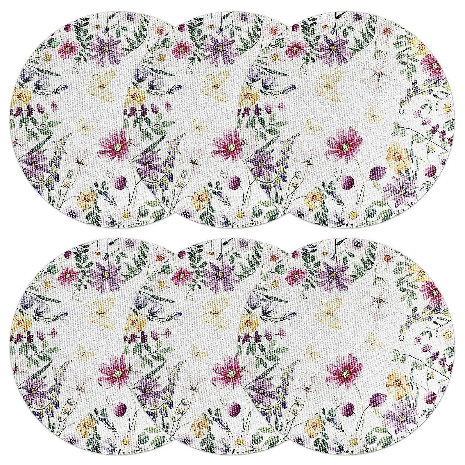 6pcs Round Floral Linen Table Mats Easy Clean, Soft & Comfortable for Dining Tables, Enhances Home Decor