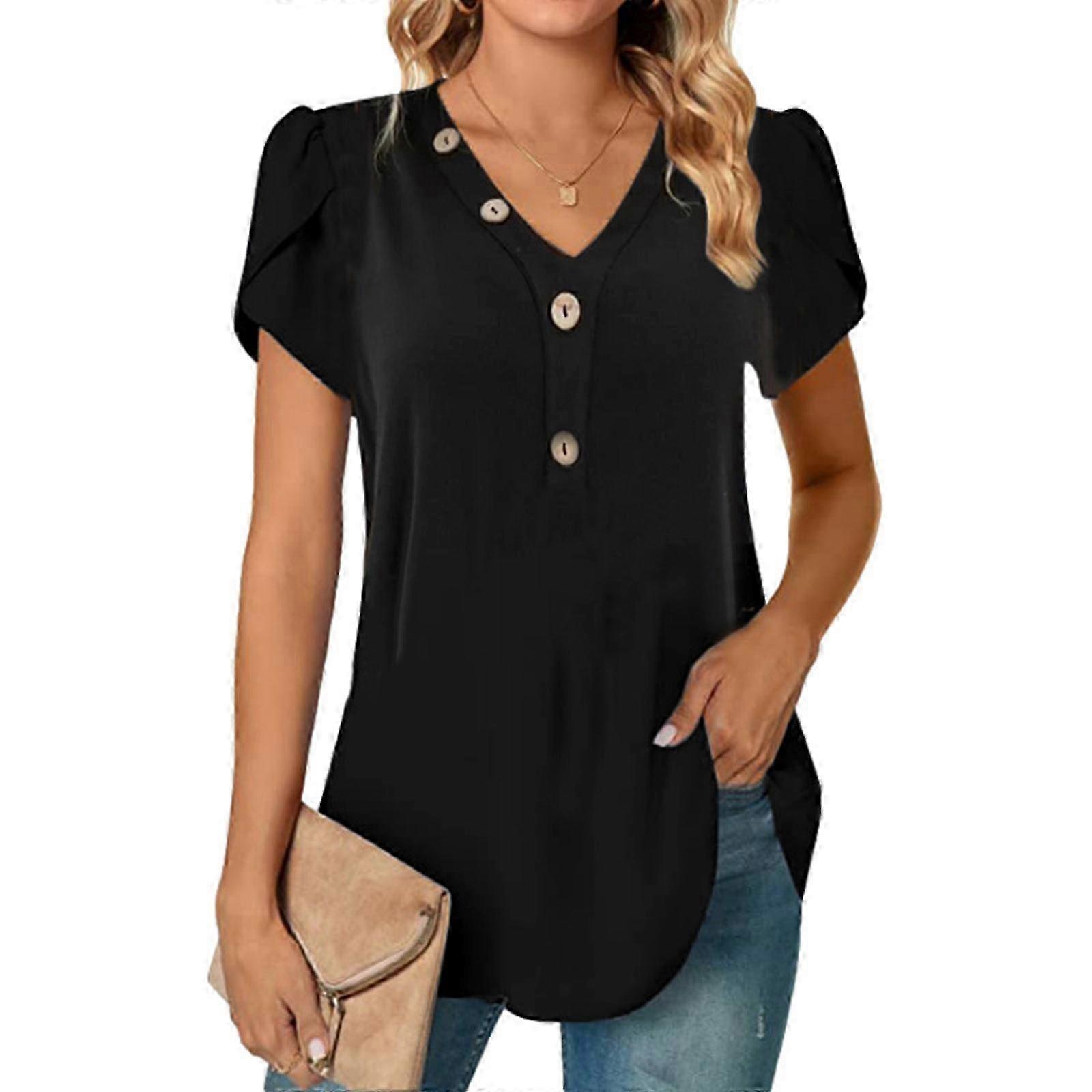 Women's Short Sleeve V-Neck Button Down T-Shirts Summer Patchwork Color Block Tees Tops in Black & Wine Red - 3XL