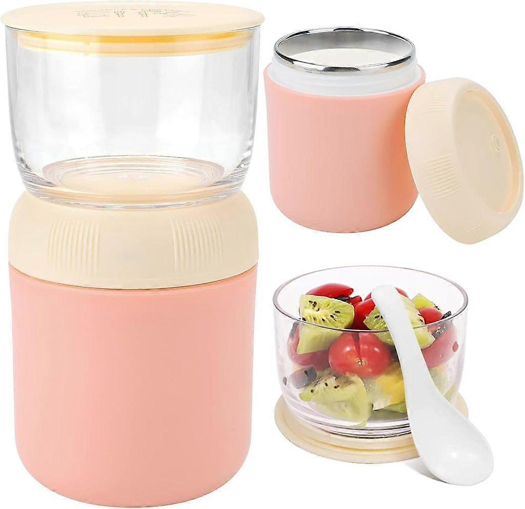 Cereal cup takeaway cup, 300+400ml lunch box, yogurt cup with spoon, leak-proof soup container (pink)