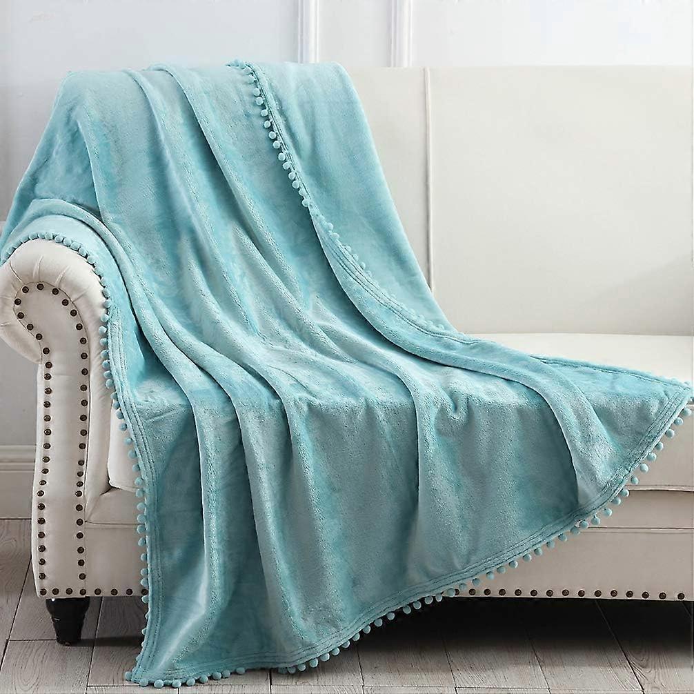 Flannel Throw Blanket - Soft Cozy Warm Blanket with Pompom Fringe for Couch Bed Sofa Chair,100x150 cm, (Blue)