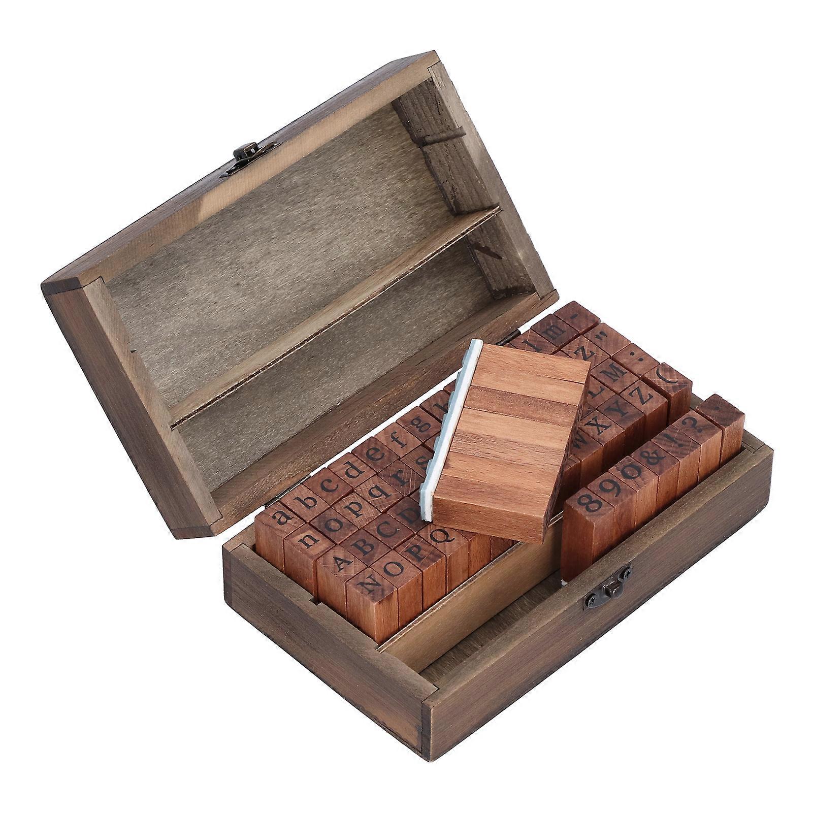 Wooden Rubber Stamp DIY Alphabet Number Symbols Stamp Set with Storage Box for Children