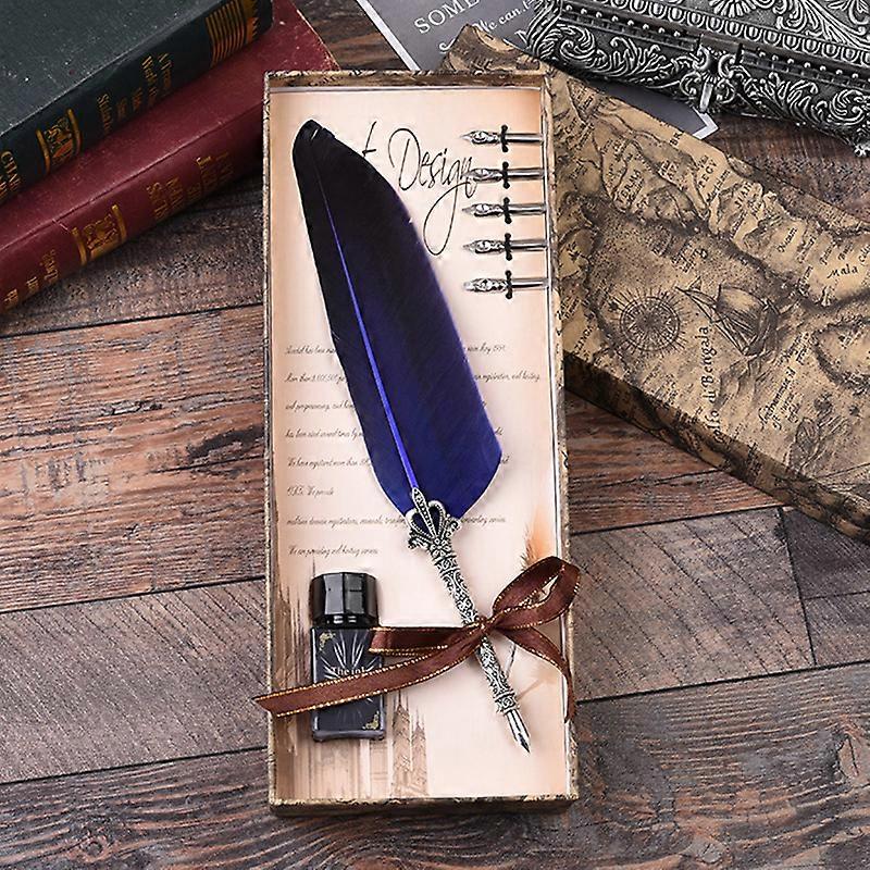 1pc Vintage Quill, Antique Dip Pen Quill Ink Sleeve Quill with 5 Replacement Tips (Blue)