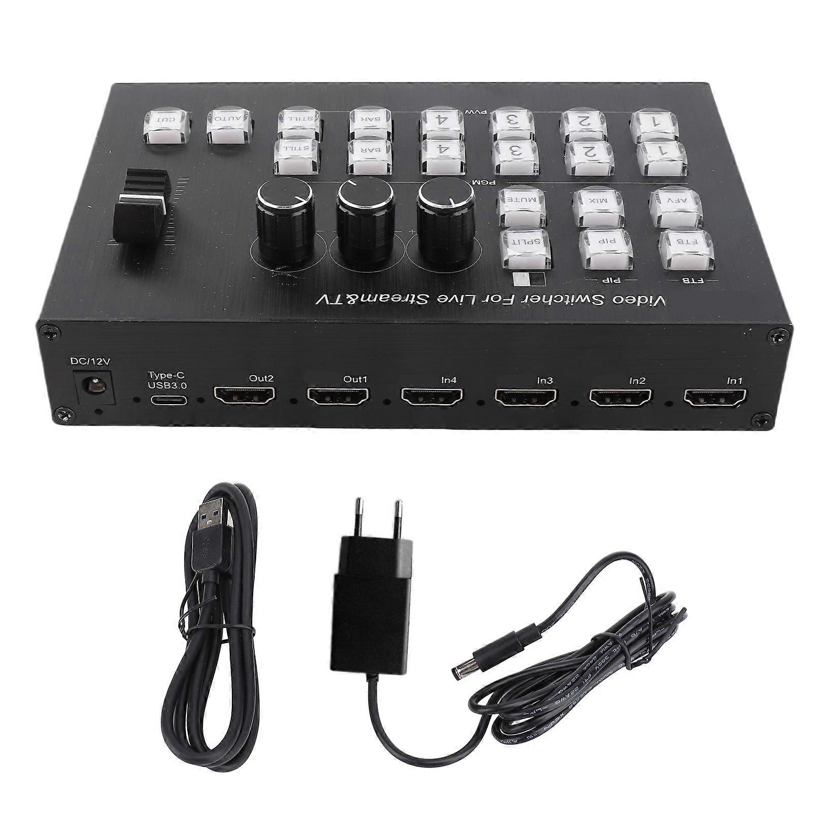 HD Multimedia Live Stream Switcher - 4 Input, 2 Output, Stereo Video Mixer, EU Plug