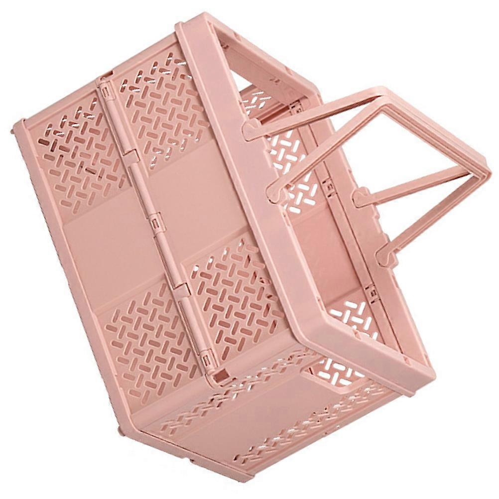 Folding Plastic Storage Box Office Use Square Shape Pink 9.5×7.1×6.5in Ergonomic Handle 1Pack