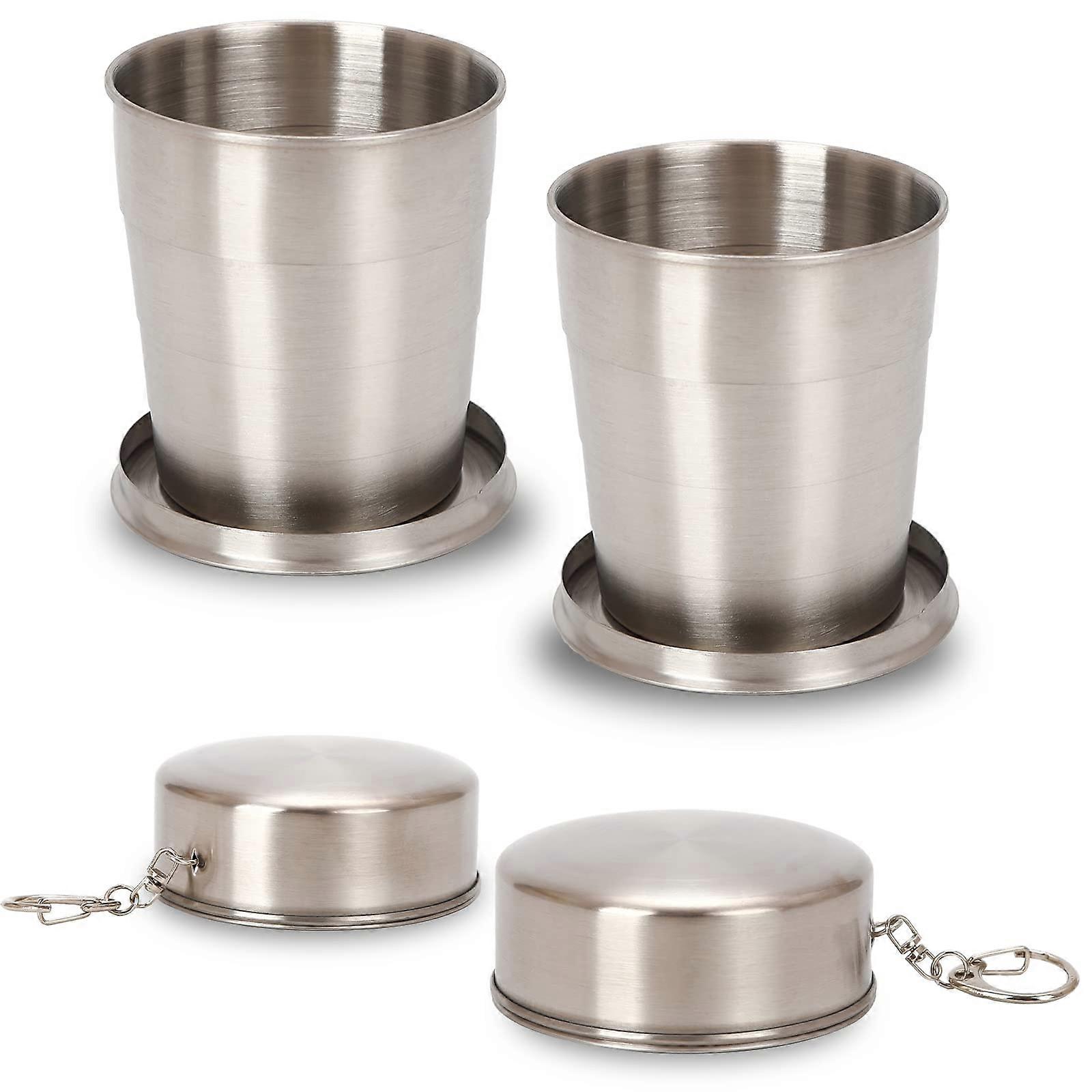 Pack of 2 Stainless Steel Folding Cups, 250 ml, Retractable, Key Chain