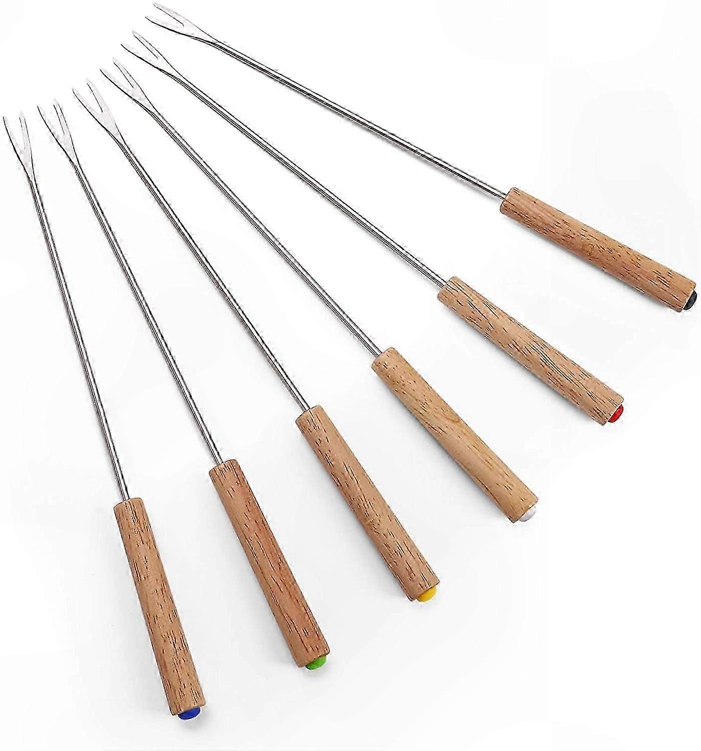 6-osainen fondue-haarukkasarja, ruostumaton teräs, lämmönkestävät puiset kahvat juusto- ja suklaafonduelle