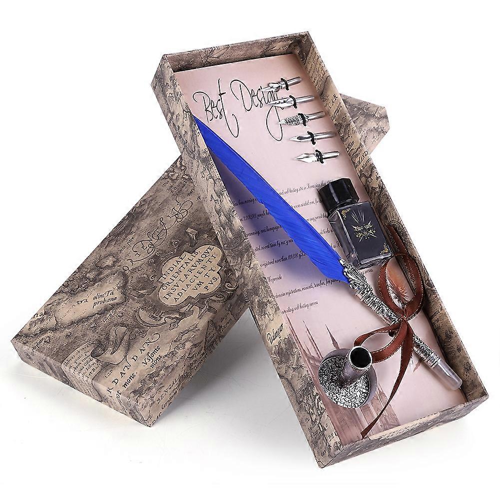 Classical Retro Fountain Pen Feather Dip Pen Writing Pen Gift Box for Christmas Valentine Blue