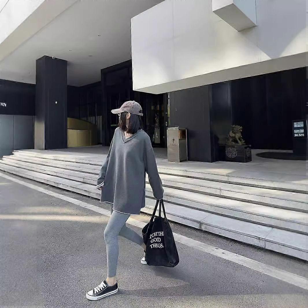 Fall Korean Style Lazy Style V-Neck Terry Curling Stitching Fake Two Pieces Pullover Loose-Fitting Casual Pullover Female Batch