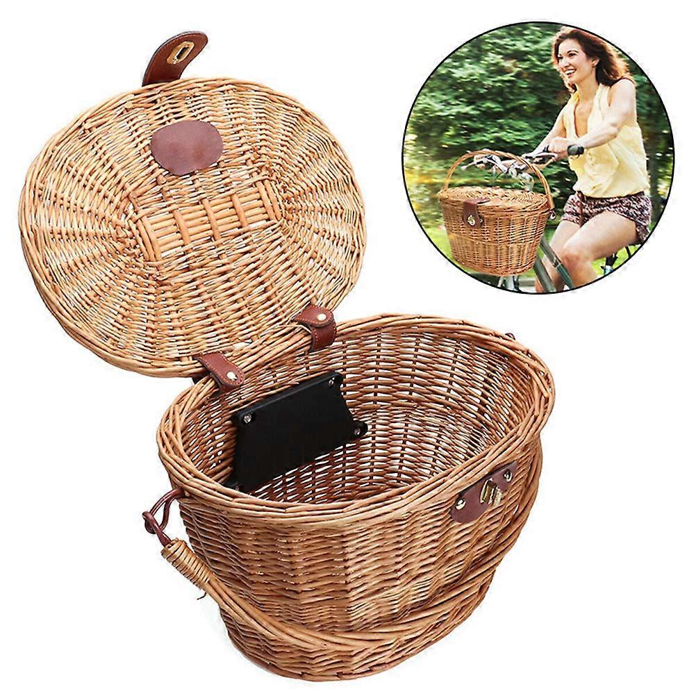 Bicycle Basket Front Wicker Bicycle Basket with Lid Natural Rattan Bicycle Storage Basket