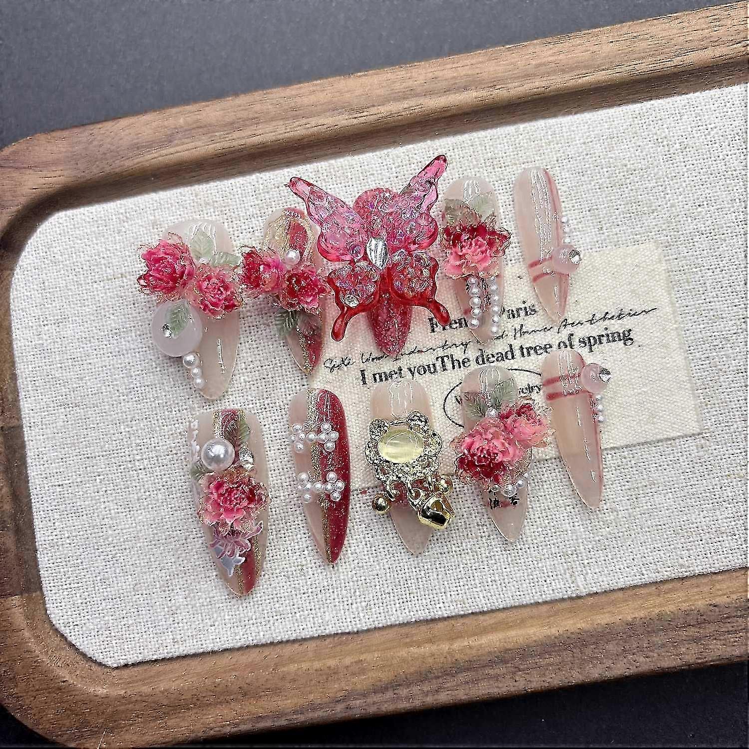 Wine Red Press on Nails 3D Rose Chain Handmade False Nails