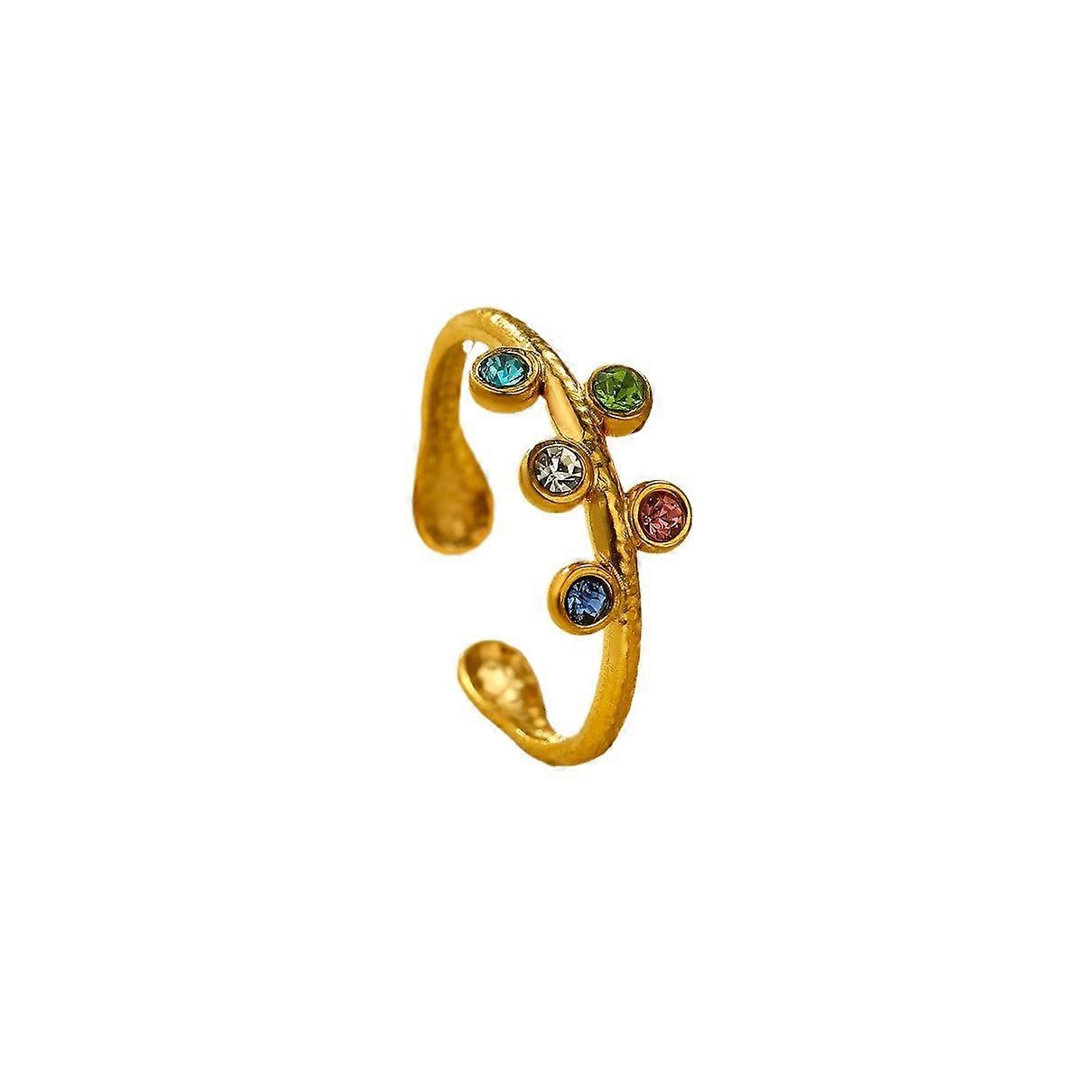 Vintage Exaggerated Round Colorful Zircon Open Stainless Steel Ring, Non-fading Stylish Versatile for Women