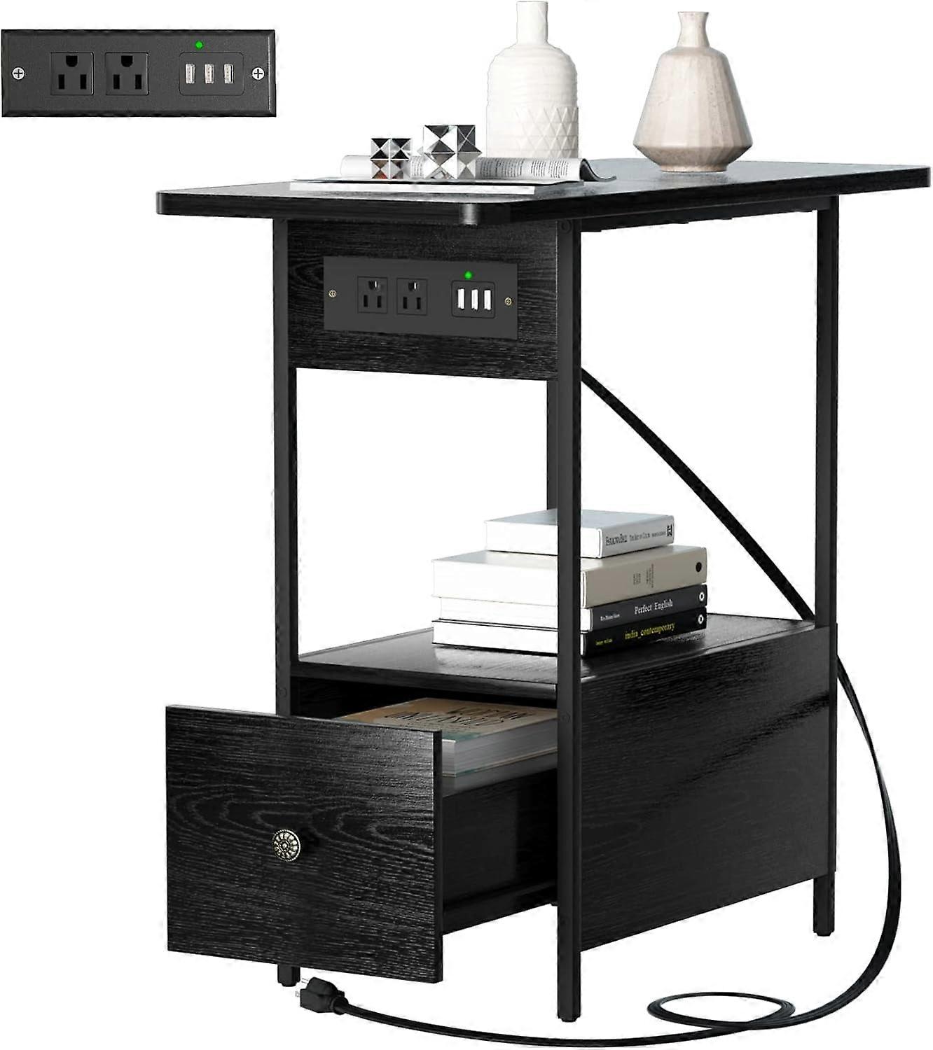 Side Table Night Stands End Table with Charging Station Drawers Narrow Side Table Living Room Bedroom Small Side Tables for Small Spaces Black