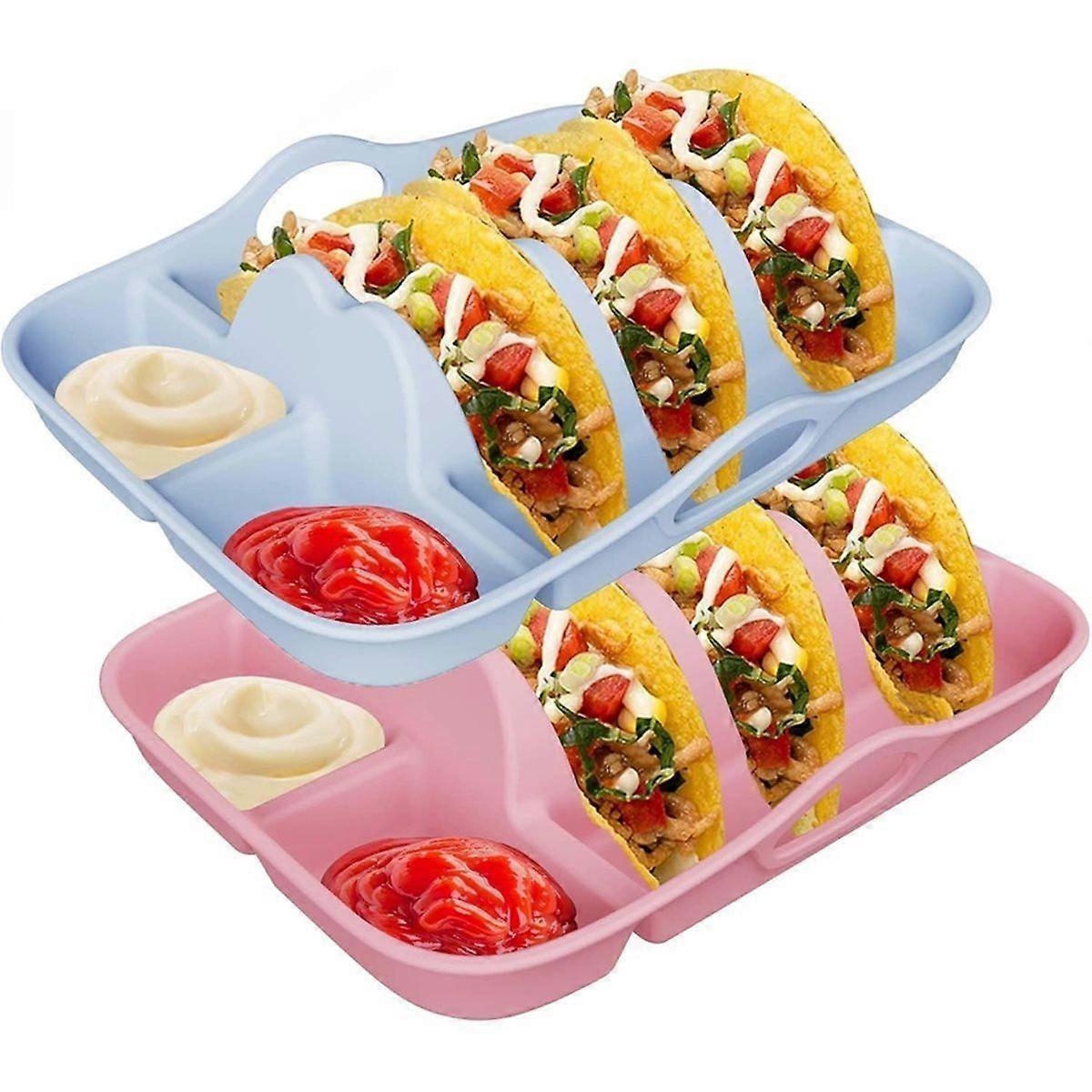 Silicone Taco Holder Plates Set of 2 with Dividers & Dip Trays, 10 in Non-Slip Taco Stands with Carry Handles A