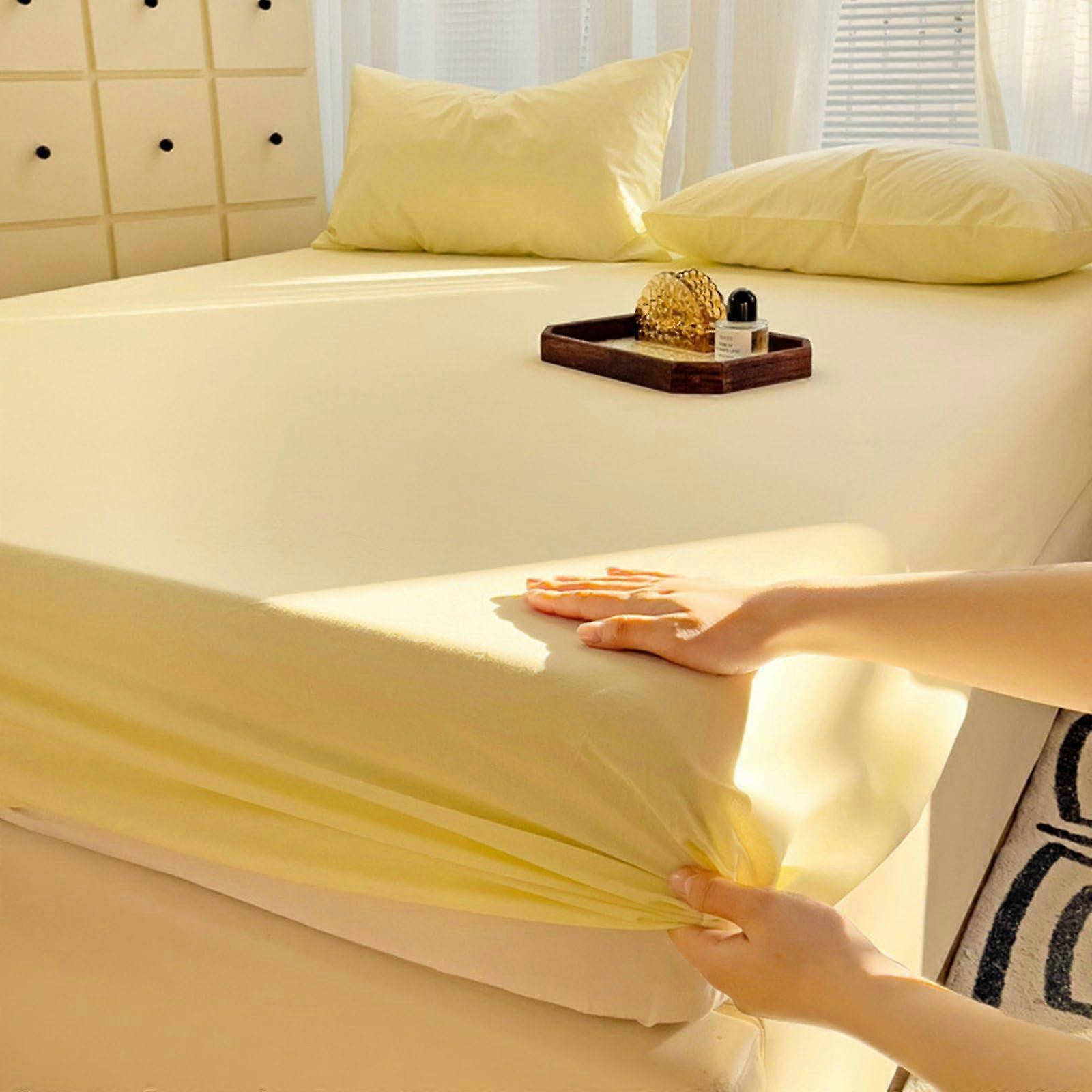 Fitted Sheet and Pillowcase Set, Polyester Solid Cream Yellow, Super King 180x200cm, Shrinkage Fade Resistant