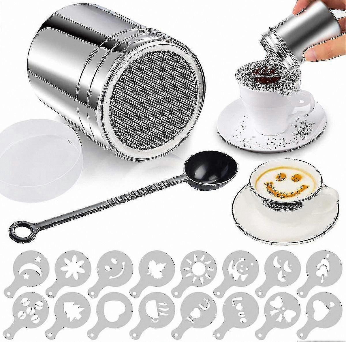 Stainless Steel Cocoa and Icing Sugar Shaker with Lid, Includes 16 Cappuccino Templates for Cocoa Powder and Chocolate Decoration