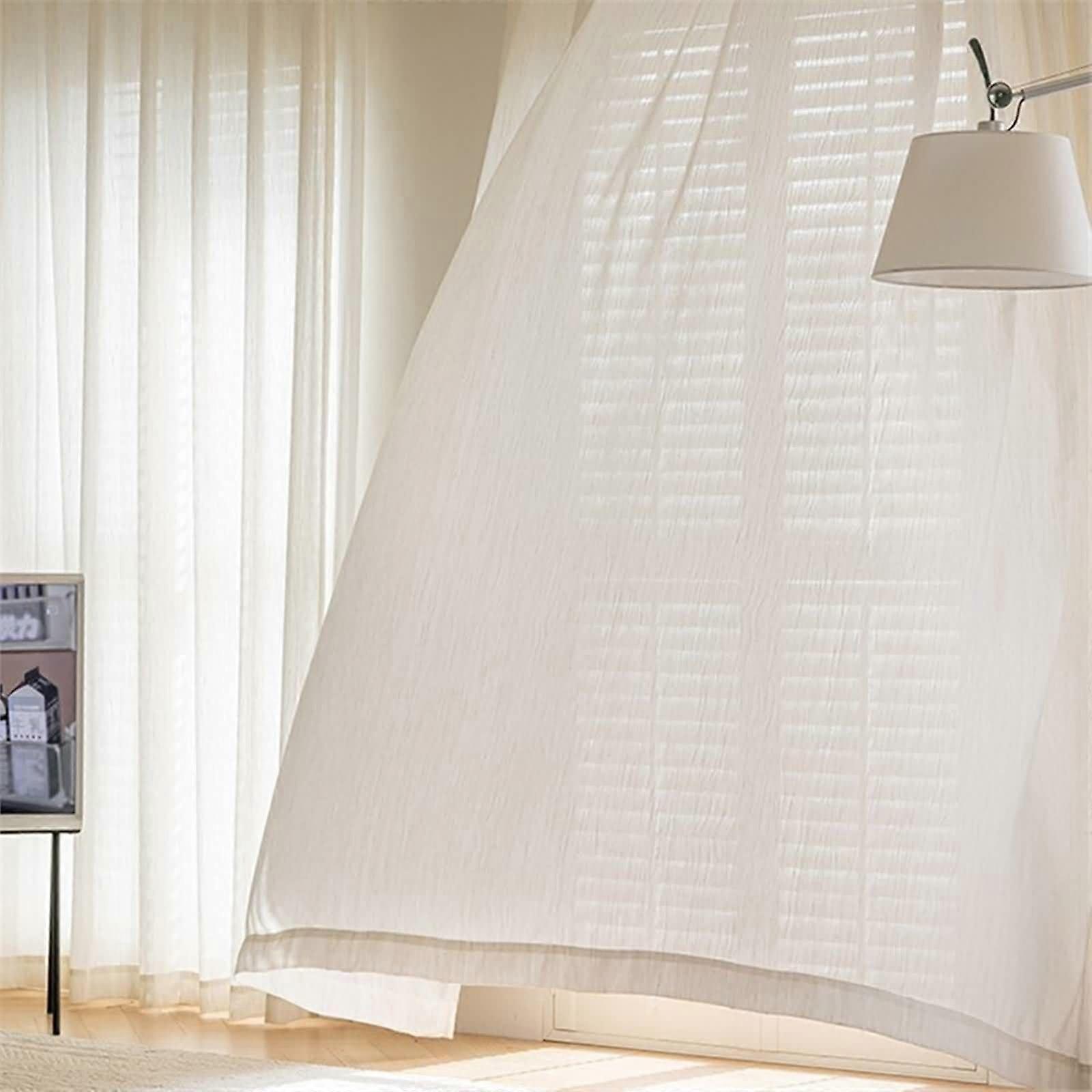 Linen Stripe Curtain Panels 34x54 Inch Set of 2 Sheer Beige for Bedroom Window with Hooks