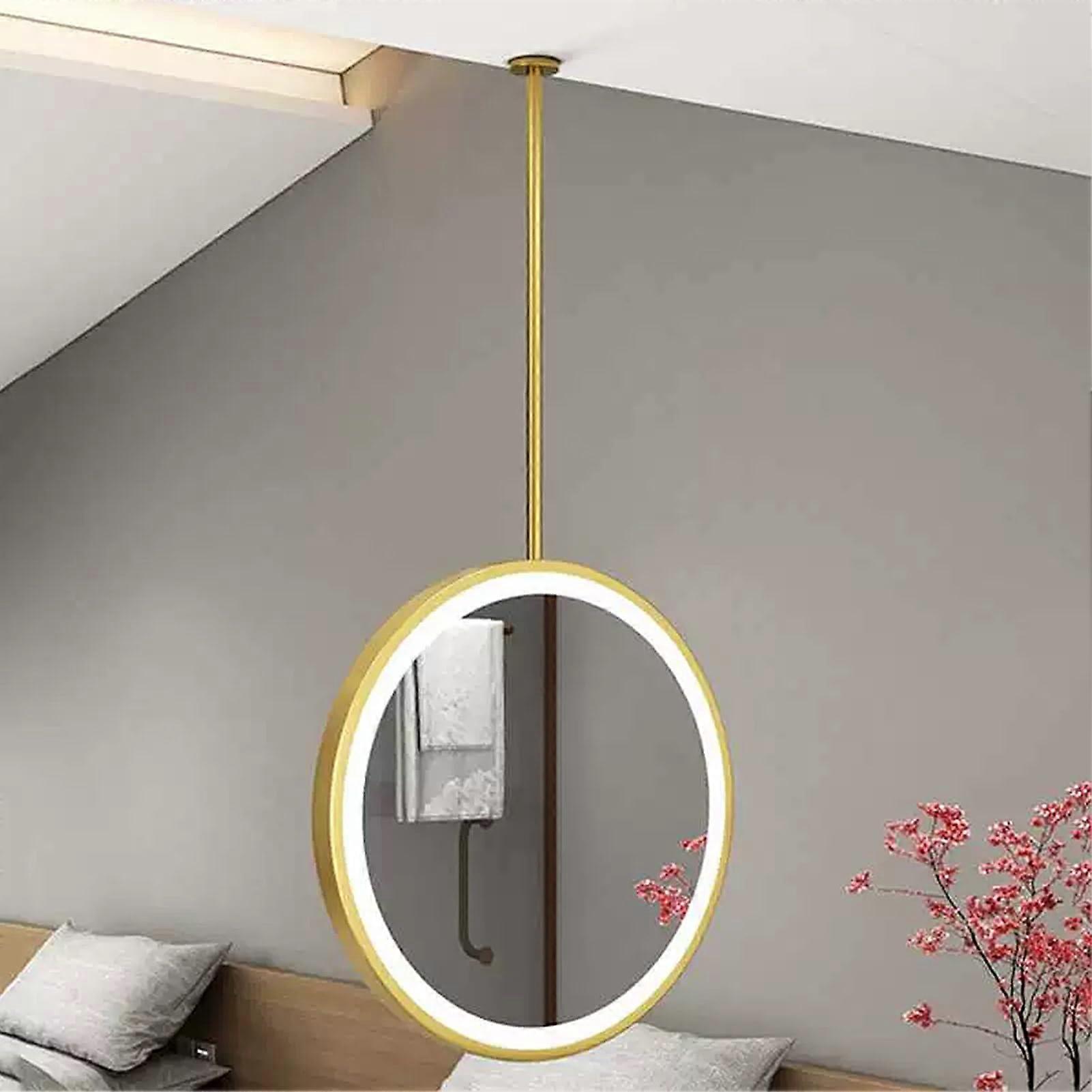 LED Vanity Mirror with Gold Frame, Ceiling Mounted Round Design, ThreeTone Light, 27.6 Inch