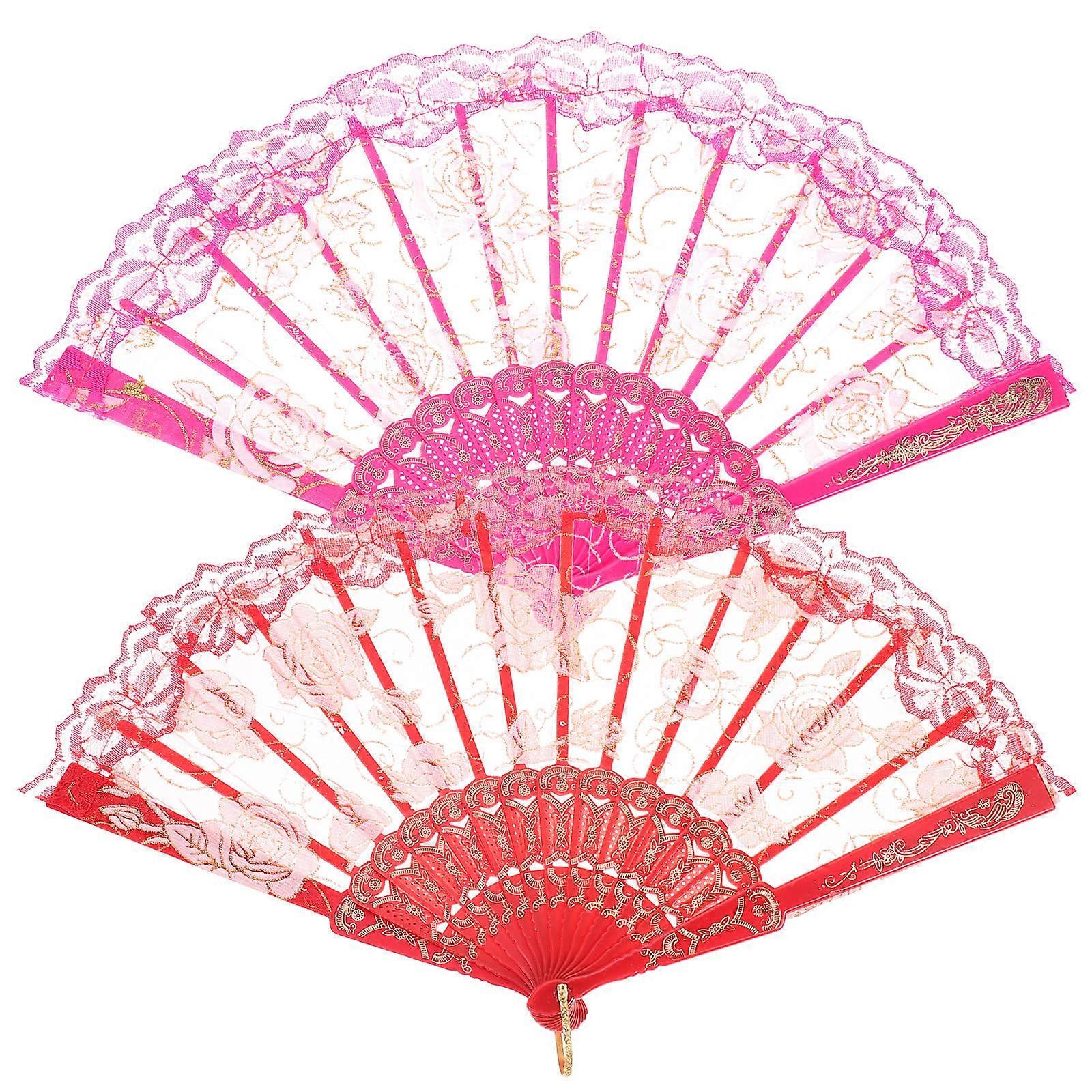 Handheld Fan Lace Dancing Fan with Rose Pattern for Dancing 2Pcs Assorted Color