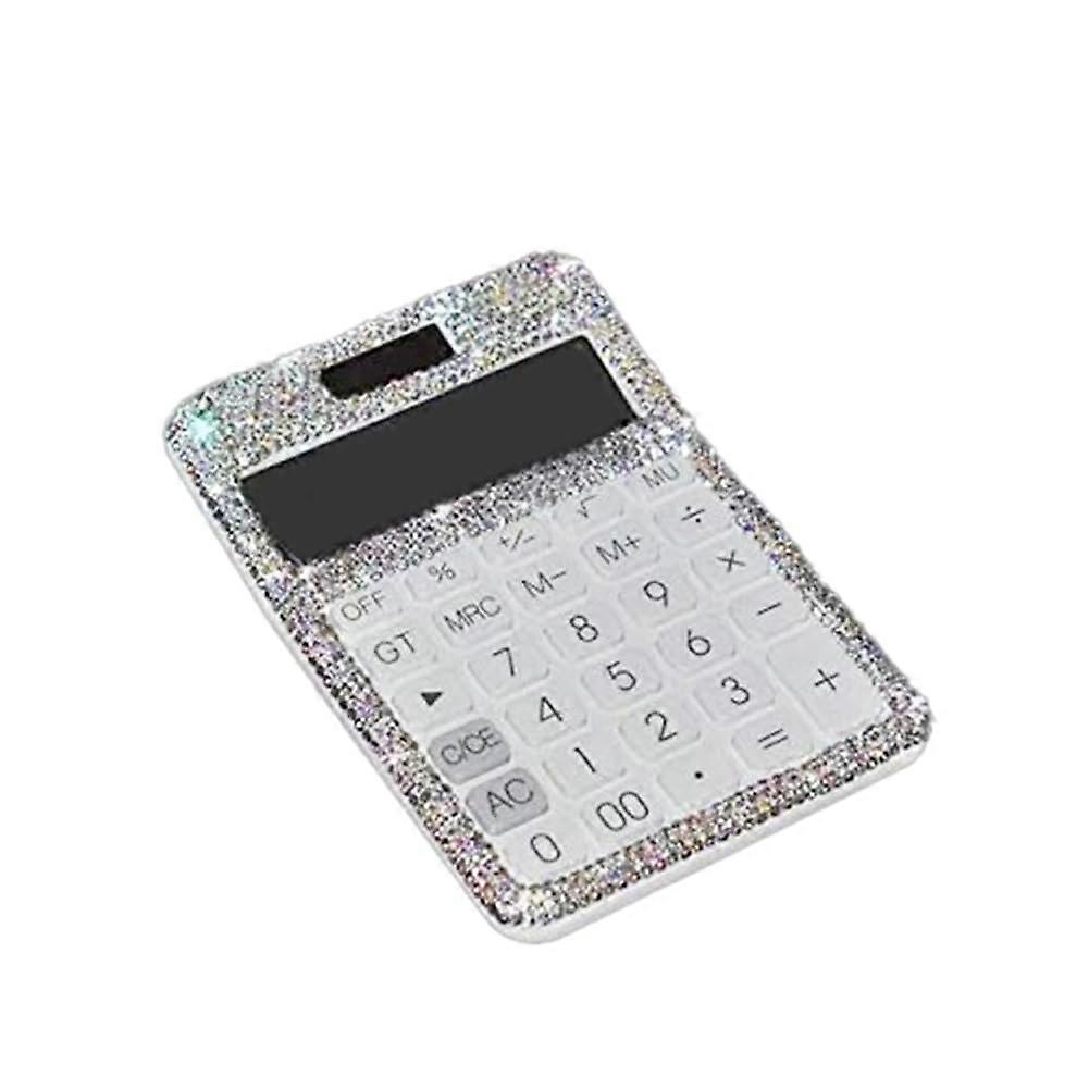 Decorative Rhinestone Calculator 12Digit Large Display Dual Solar Battery Power for Office School White