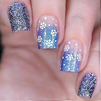 Weihnachtliche blaue Glitzer-Press-on-Nägel, Schneeflocken-French-Tip, kurze quadratische künstliche Nägel, 24 Stück