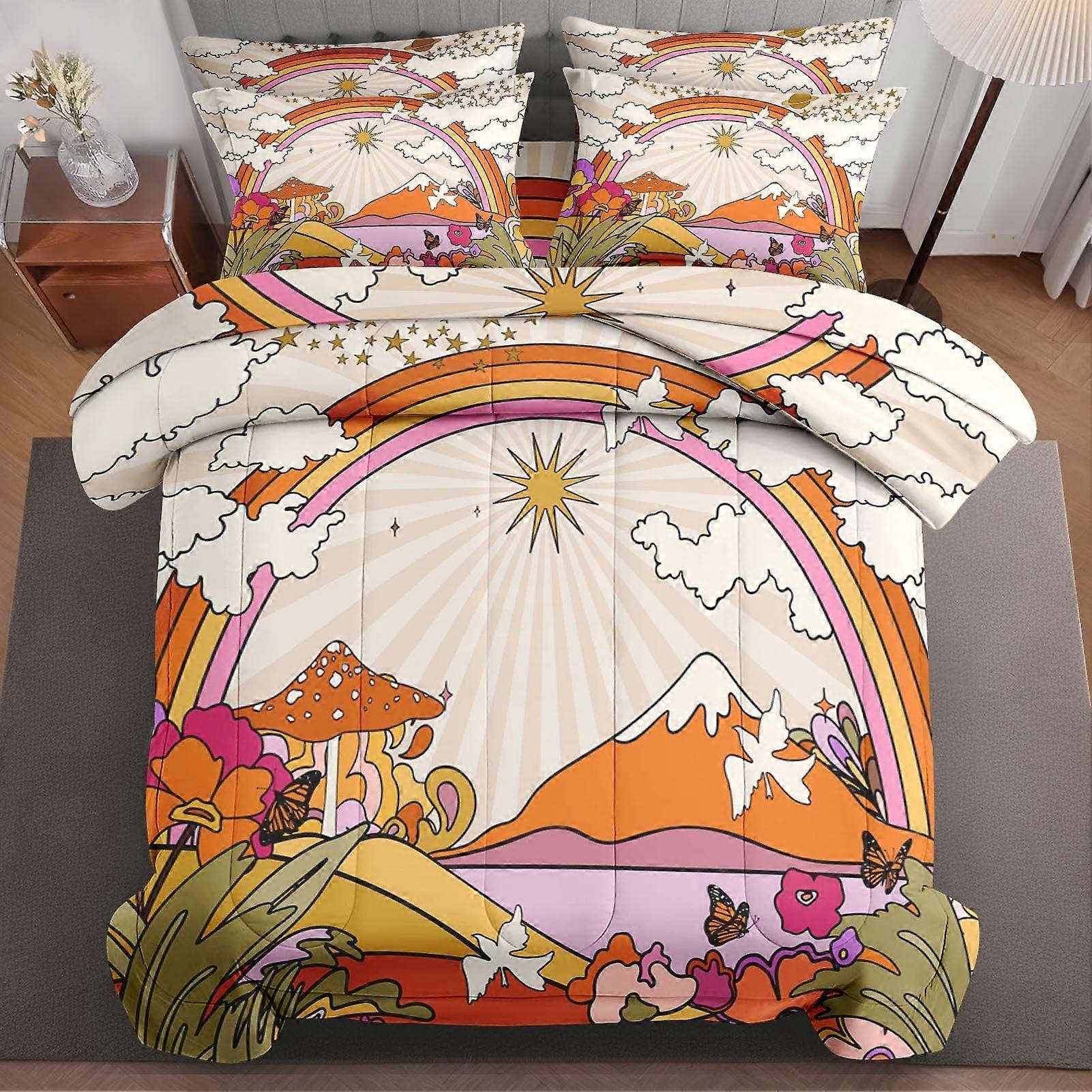 Queen Comforter Set 7Pcs with Sheets, Retro Boho Mushroom Bedding, Soft AllSeason Queen Size